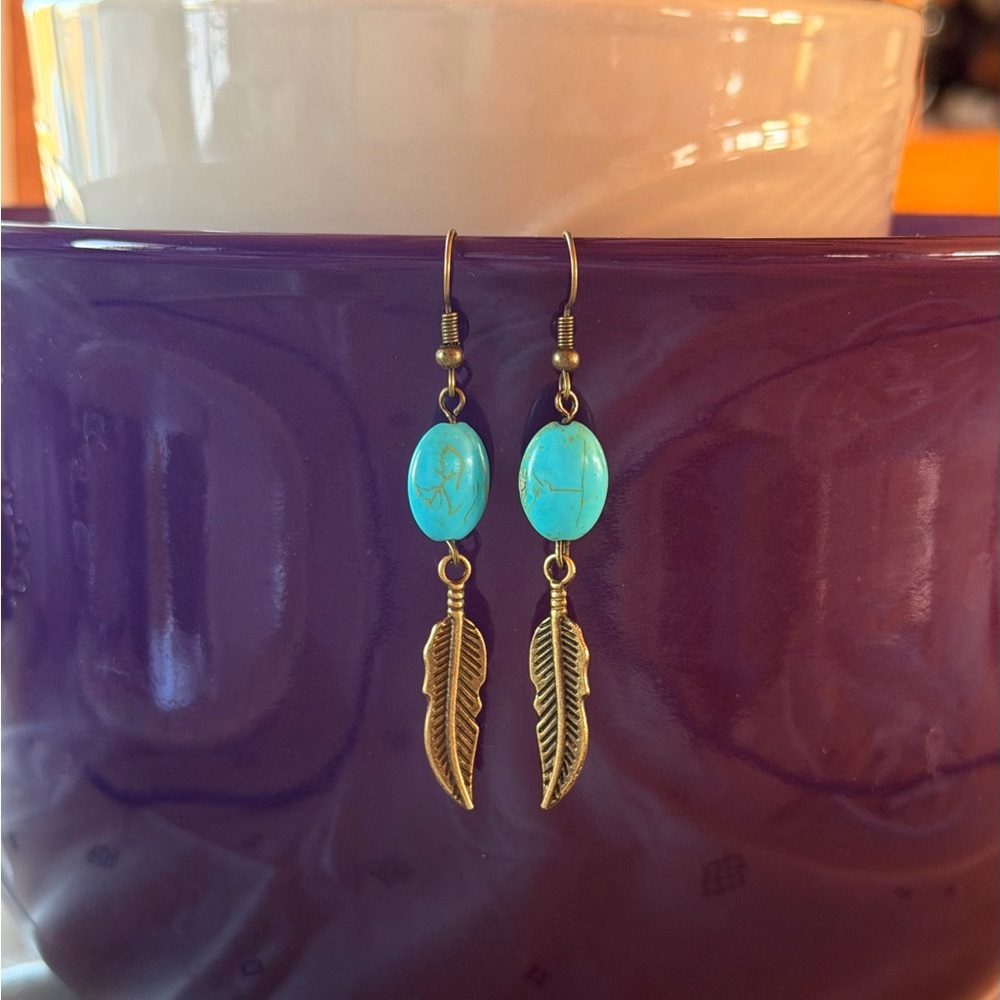 Turquoise and Gold Feather Earrings